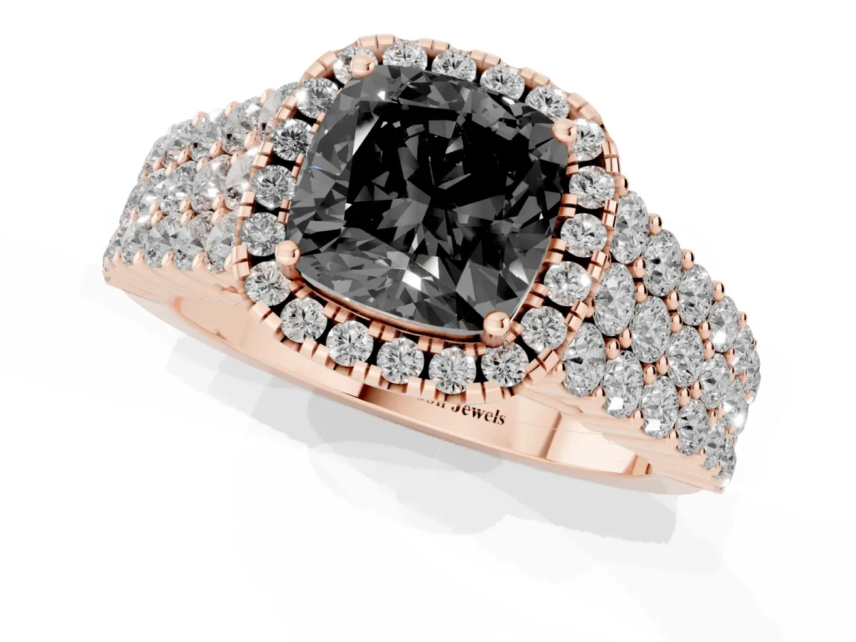 Fancy Black Cushion Cut Diamond Halo Engagement Ring with Triple Row Round Pavé Band and Prong Setting Rose gold