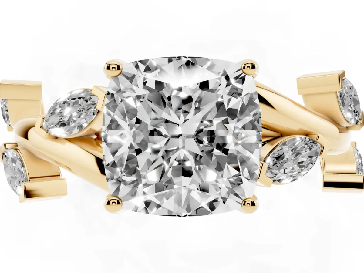 Cushion Cut Solitaire Twisted Band Marquise Accent Prong Setting Ring Yellow gold