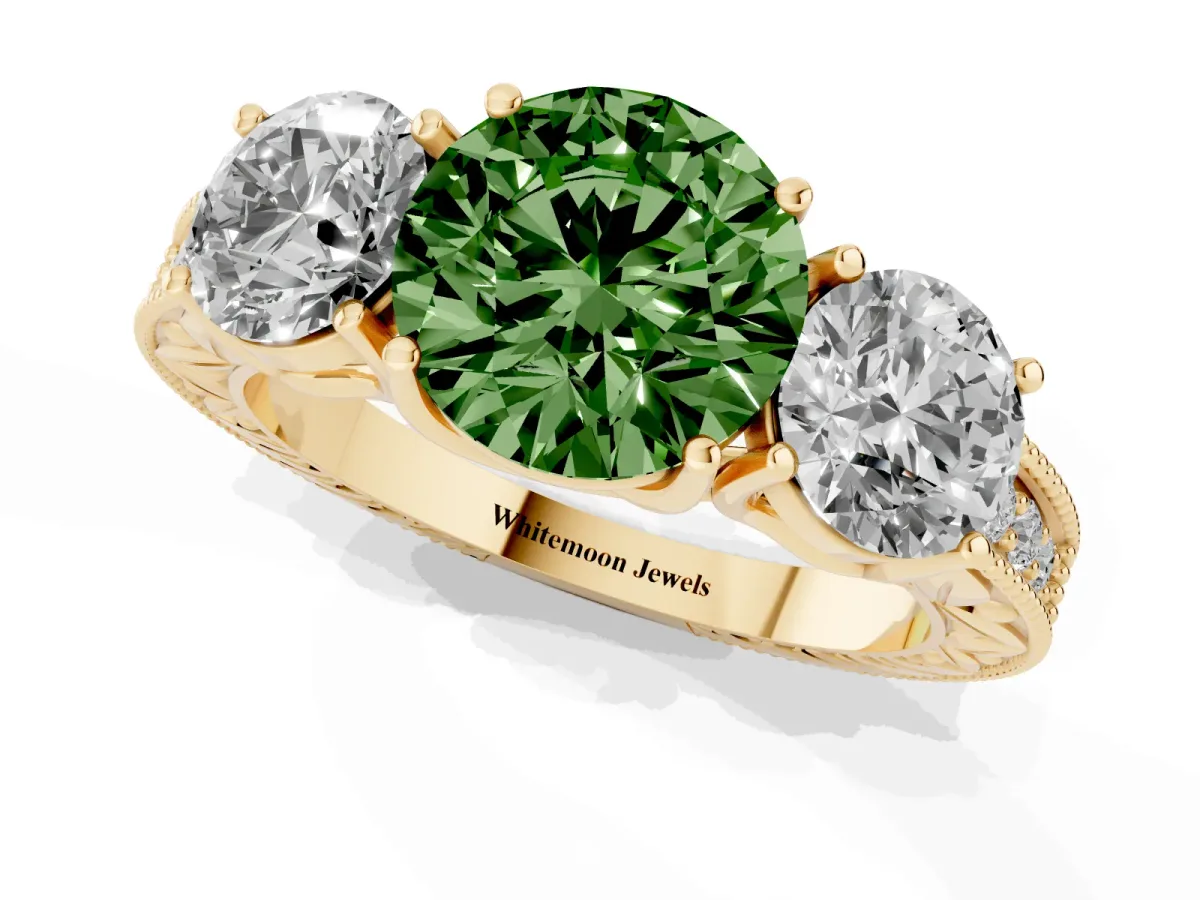Fancy Green Three-Stone Round Cut Cut Milgrain Pavé Engagement Ring Yellow gold