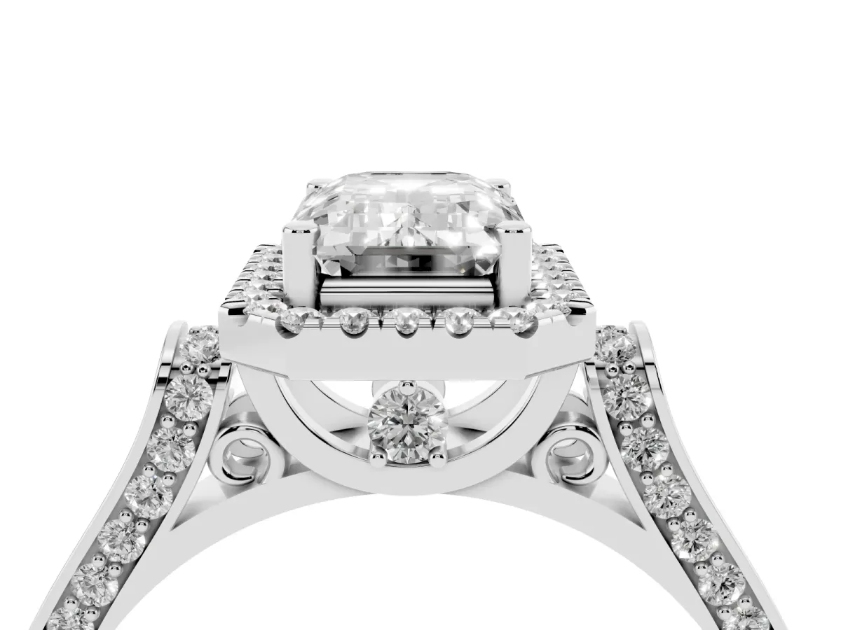 Emerald Cut Halo Pave Split Shank Prong Setting Ring Silver