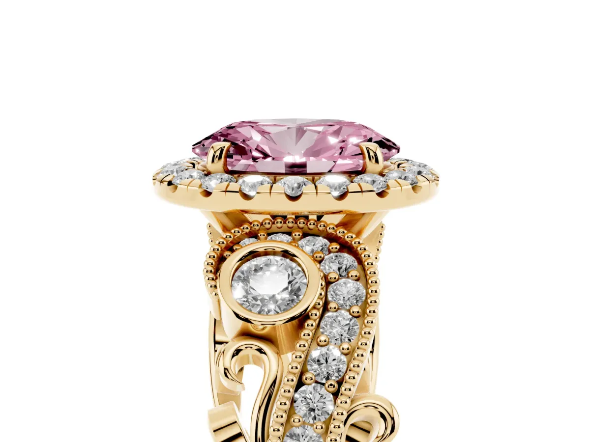 Fancy Pink Oval Cut Halo Diamond Ring with Milgrain and Bezel Accents on a Split Shank Band Yellow gold
