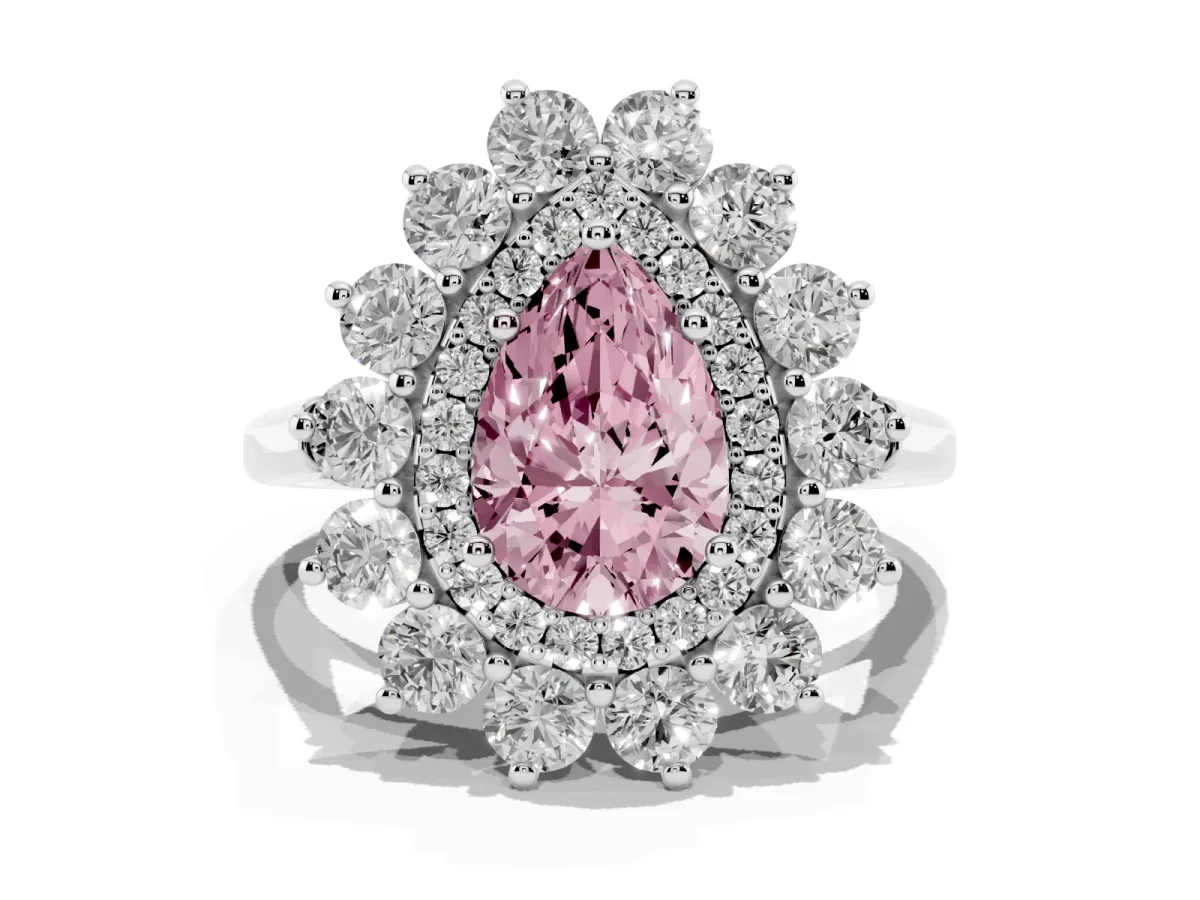 Fancy Pink Pear Cut Diamond Floral Double Halo Engagement Ring with Prong Setting Platinum