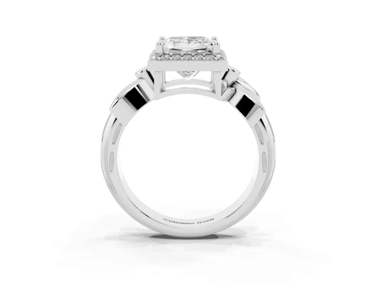 Princess Cut Halo Diamond Floral Band with Four-Prong Setting Platinum
