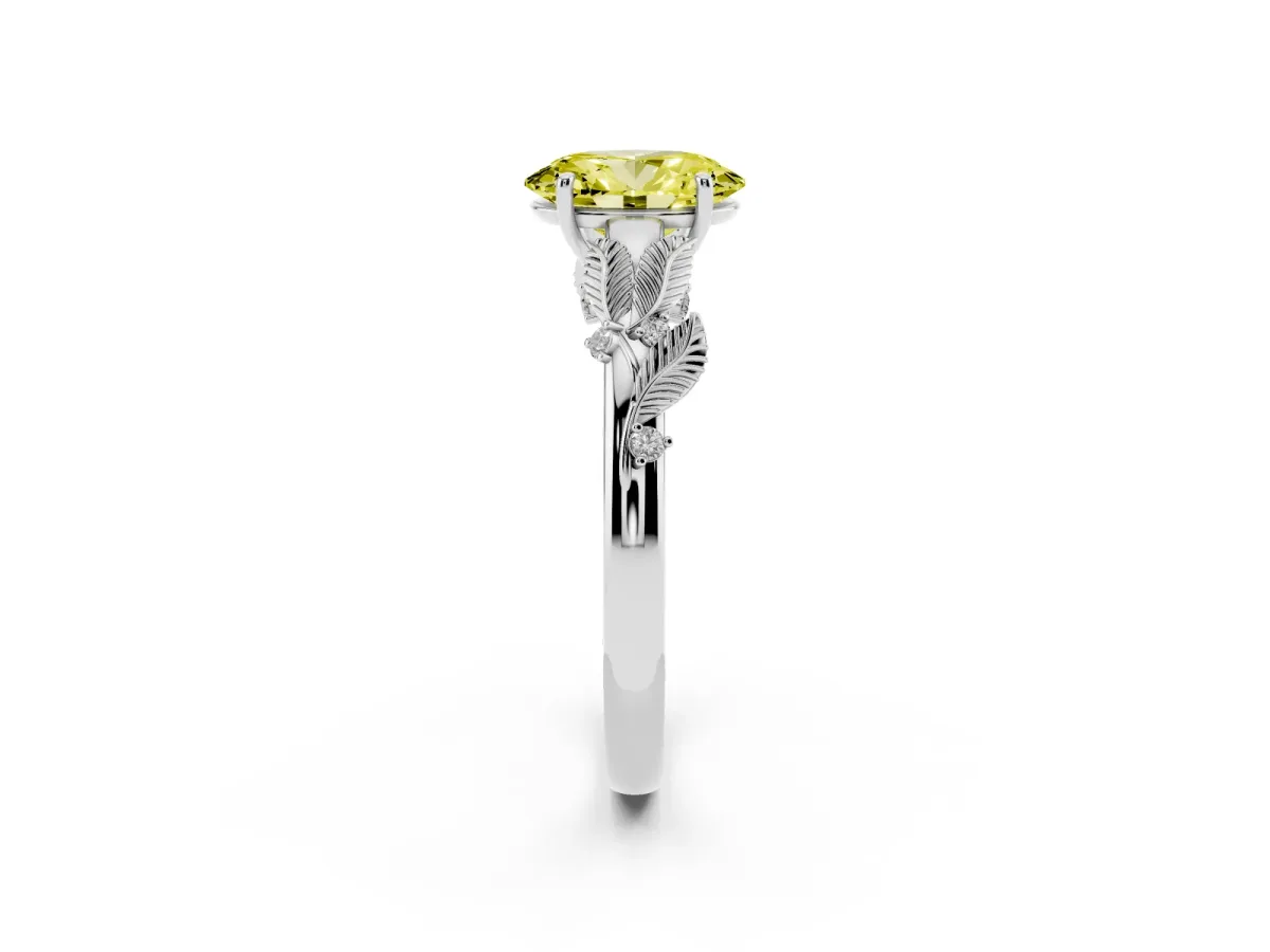 Fancy Yellow Oval Cut Diamond Solitaire Ring with Leaf Motif Band and Four-Prong Setting Silver