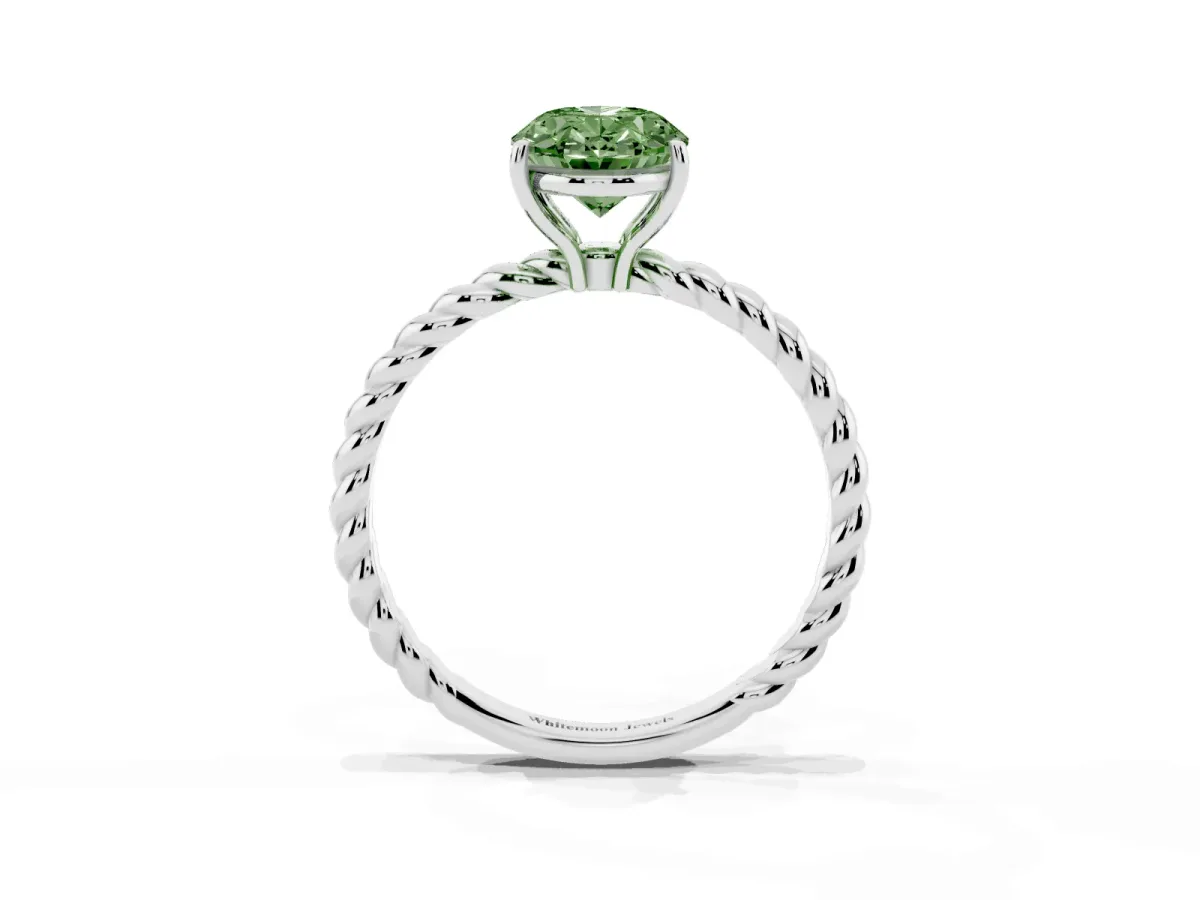 Fancy Green Oval Cut Solitaire Twist Band Ring with Four-Prong Setting Silver