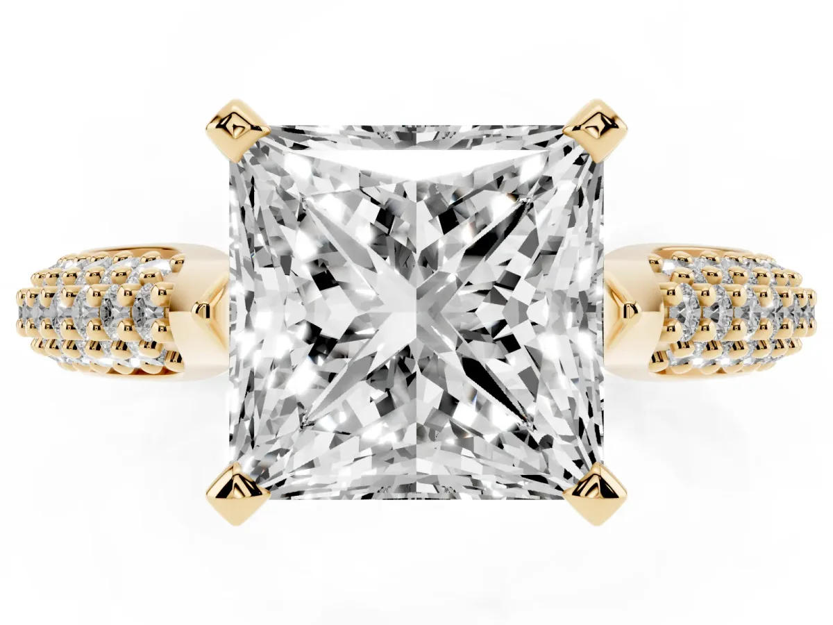 Princess Cut Diamond Solitaire Engagement Ring with Multi-Row Round Pavé Band and Prong Setting Yellow gold
