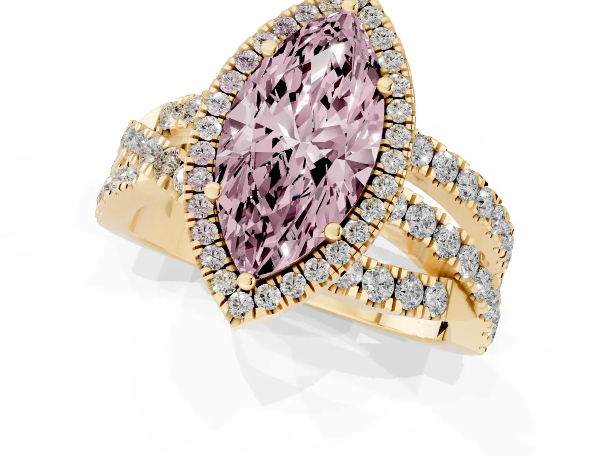 Fancy Pink Marquise Cut Diamond Halo Ring with Round Split Shank and Prong Setting Yellow gold
