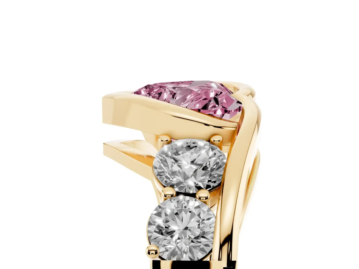 Fancy Pink Bezel Set Heart Cut Diamond Bypass Ring with Round Accents Yellow gold