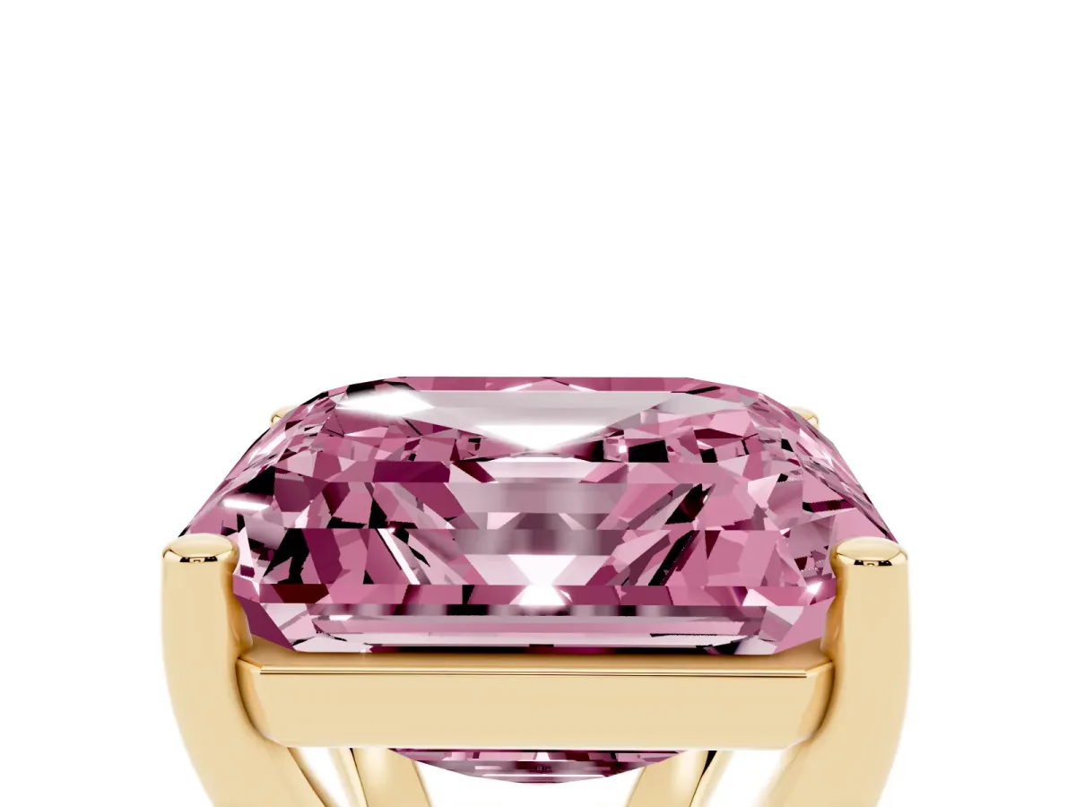 Fancy Pink Asscher Cut Cut Diamond Solitaire Engagement Ring with Tapered Plain Band and Four-Prong Setting Yellow gold
