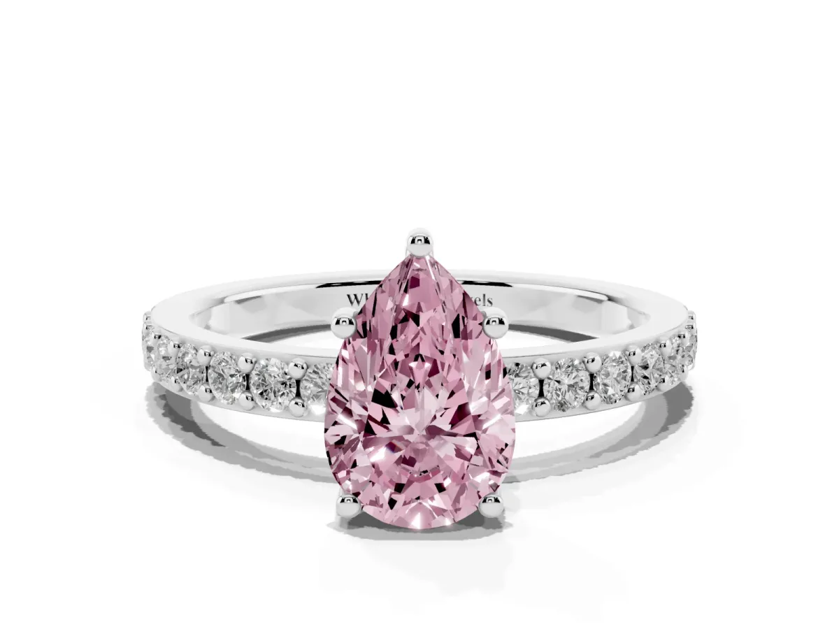 Fancy Pink Pear Cut Cut Diamond Solitaire with Pave Band and Four-Prong Setting Silver