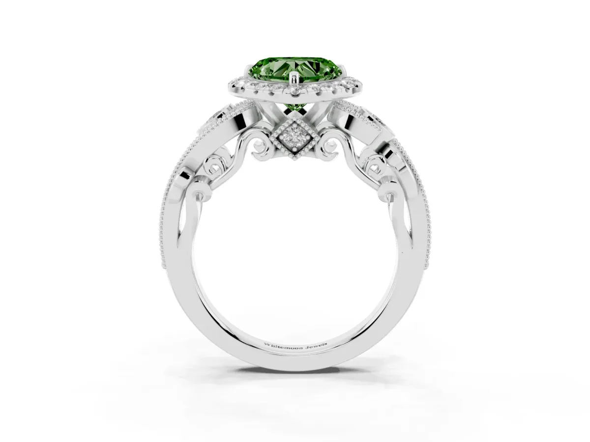 Fancy Green Heart Cut Halo Diamond Ring with Milgrain and Bezel Accents on a Split Shank Band White gold