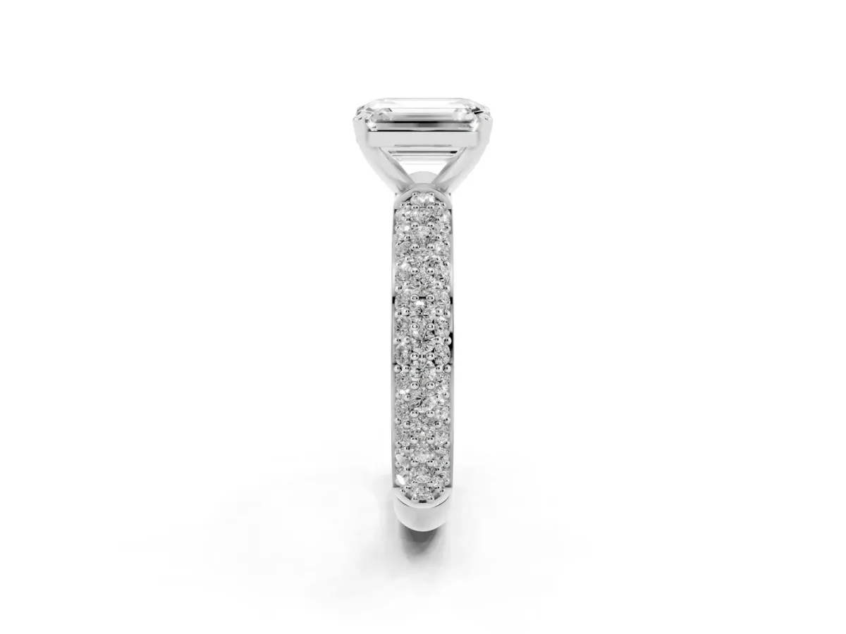 Emerald Cut Diamond Solitaire Ring with Prong Setting and Pavé Band Silver