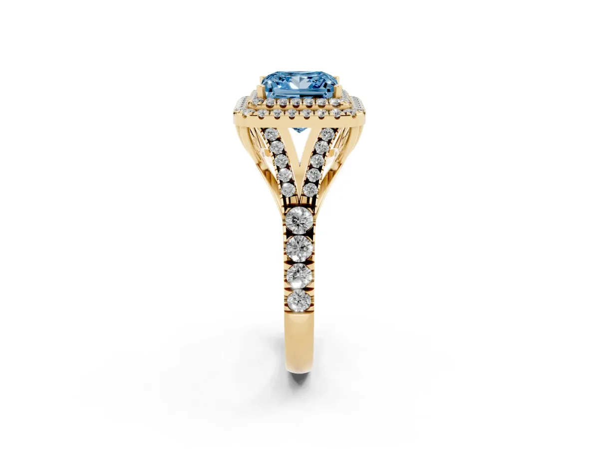 Fancy Blue Princess Cut Diamond Double Halo Ring with Split Shank and Prong Setting Yellow gold