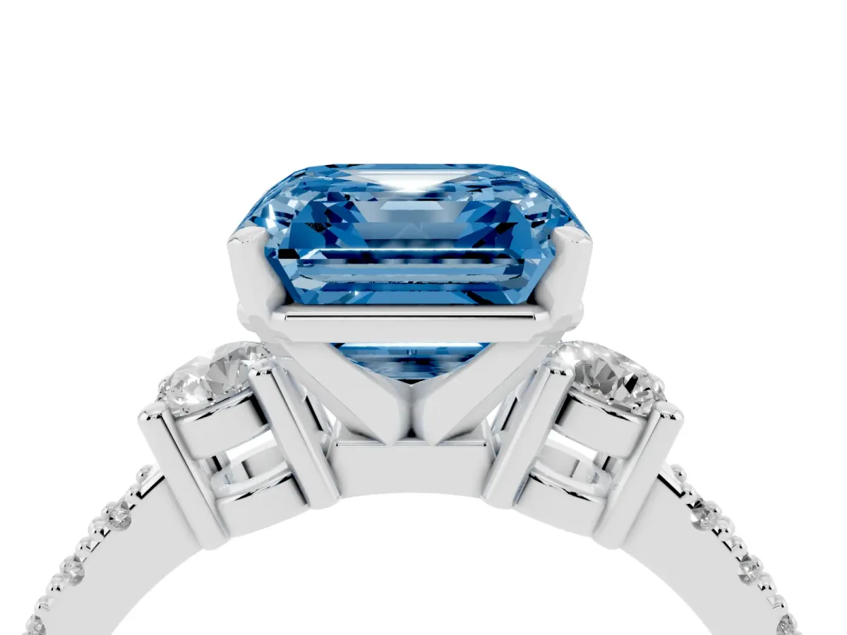 Fancy Blue Asscher Cut Three-Stone Diamond Pavé Band with Prong Setting Silver
