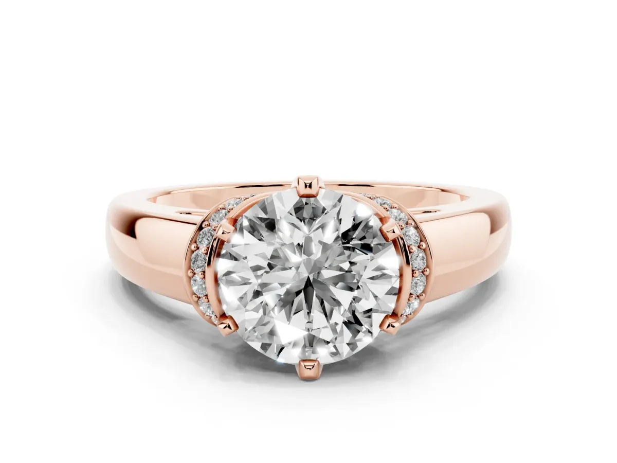 Round Cut Solitaire Diamond Ring with Pave Band and Six-Prong Setting Rose gold