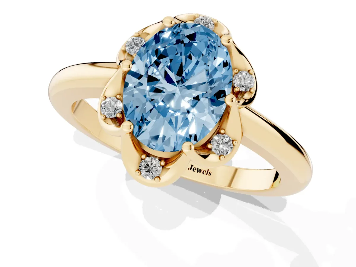 Fancy Blue Oval Cut Halo Diamond Ring with Round Cluster Setting, Solitaire Band, and Four-Prong Setting Yellow gold