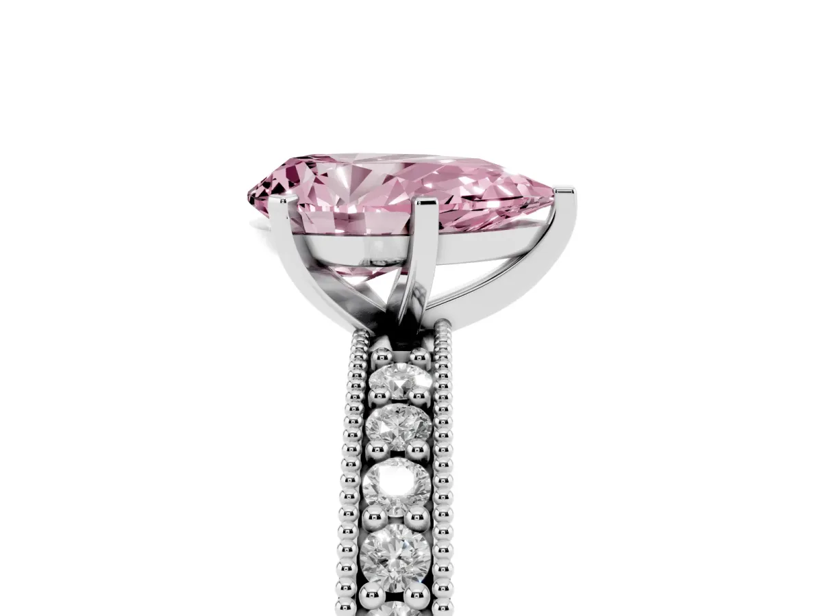 Fancy Pink Pear Cut Diamond Milgrain Pavé Engagement Ring with Four-Prong Setting Silver