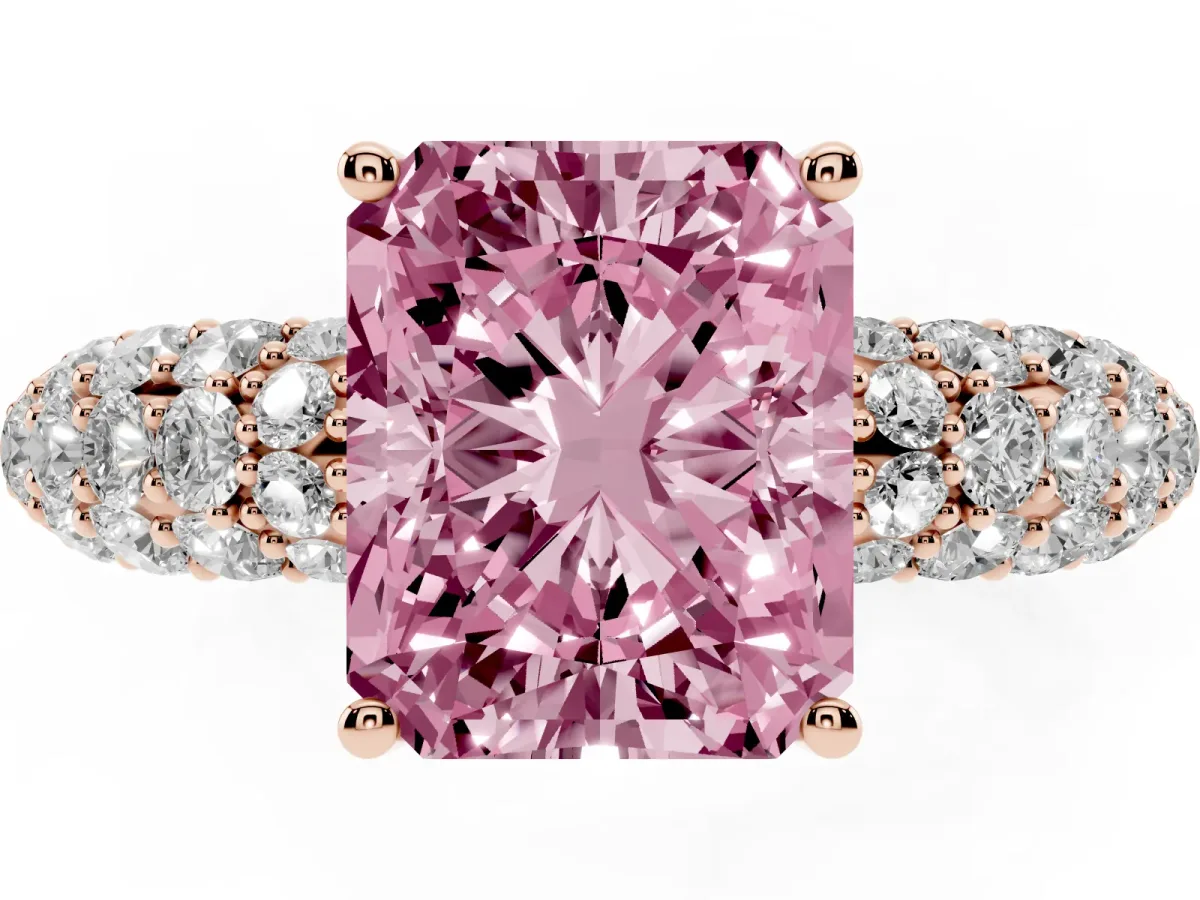 Fancy Pink Radiant Cut Diamond Pavé Band Solitaire Ring with Four-Prong Setting Rose gold