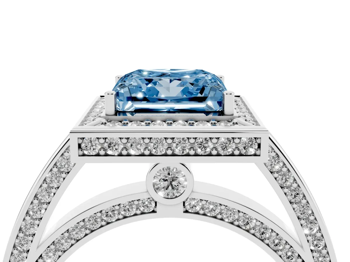 Fancy Blue Princess Cut Cut Halo Pave Split Shank Prong Setting Ring Silver