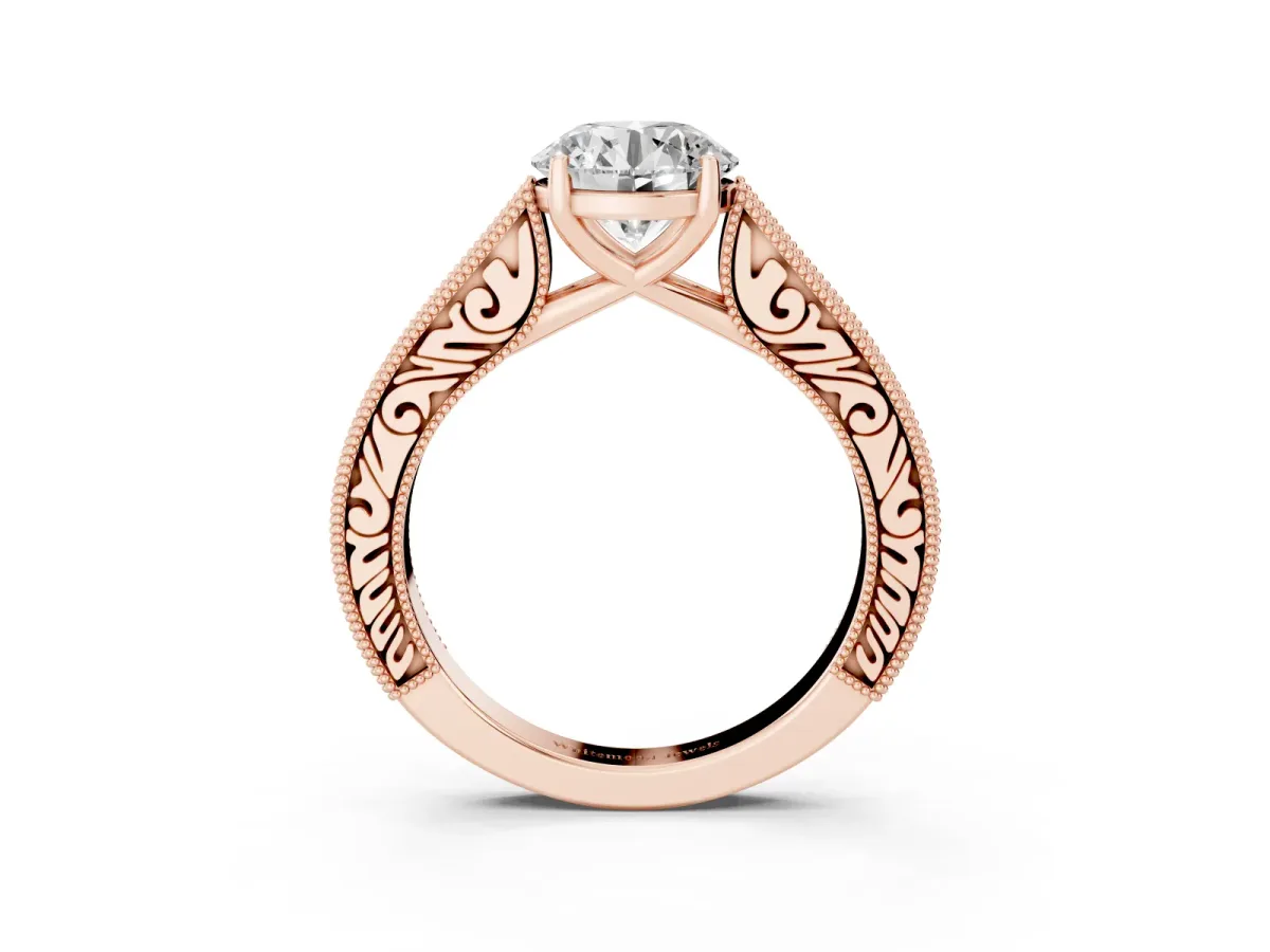 Round Cut Cut Pave Band Milgrain Solitaire Ring Rose gold