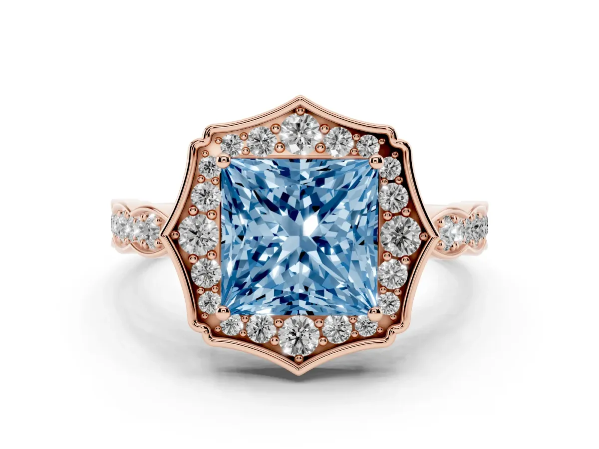 Fancy Blue Princess Cut Halo Diamond Engagement Ring with Milgrain Band and Four-Prong Setting Rose gold