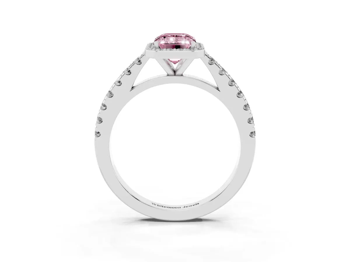 Fancy Pink Emerald Cut Cut Halo Diamond Engagement Ring with Pave Band and Four-Prong Setting White gold