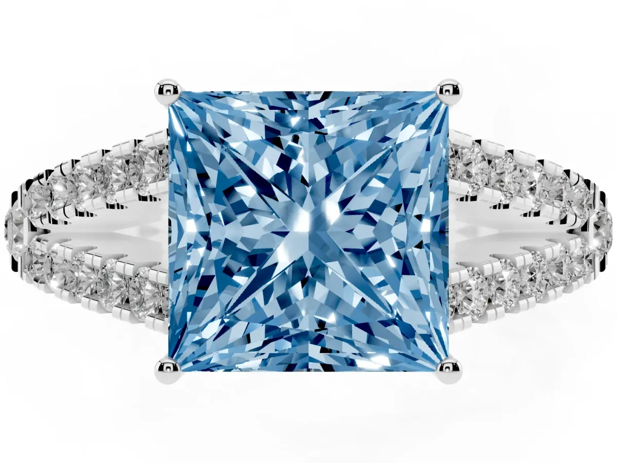 Fancy Blue Princess Cut Diamond Split Shank Pavé Engagement Ring with Four-Prong Setting White gold