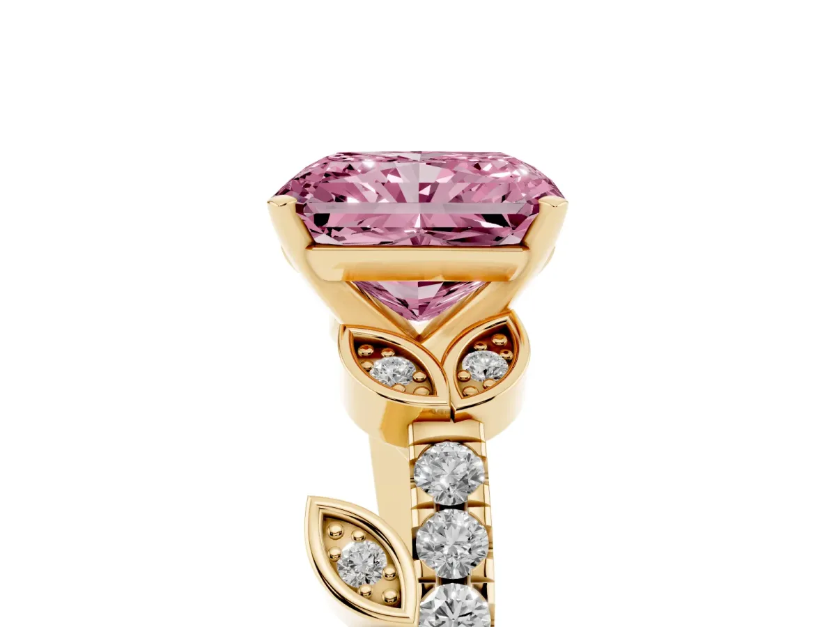 Fancy Pink Radiant Cut Solitaire Leaf-Inspired Diamond Ring with Pavé Band and Four-Prong Setting Yellow gold