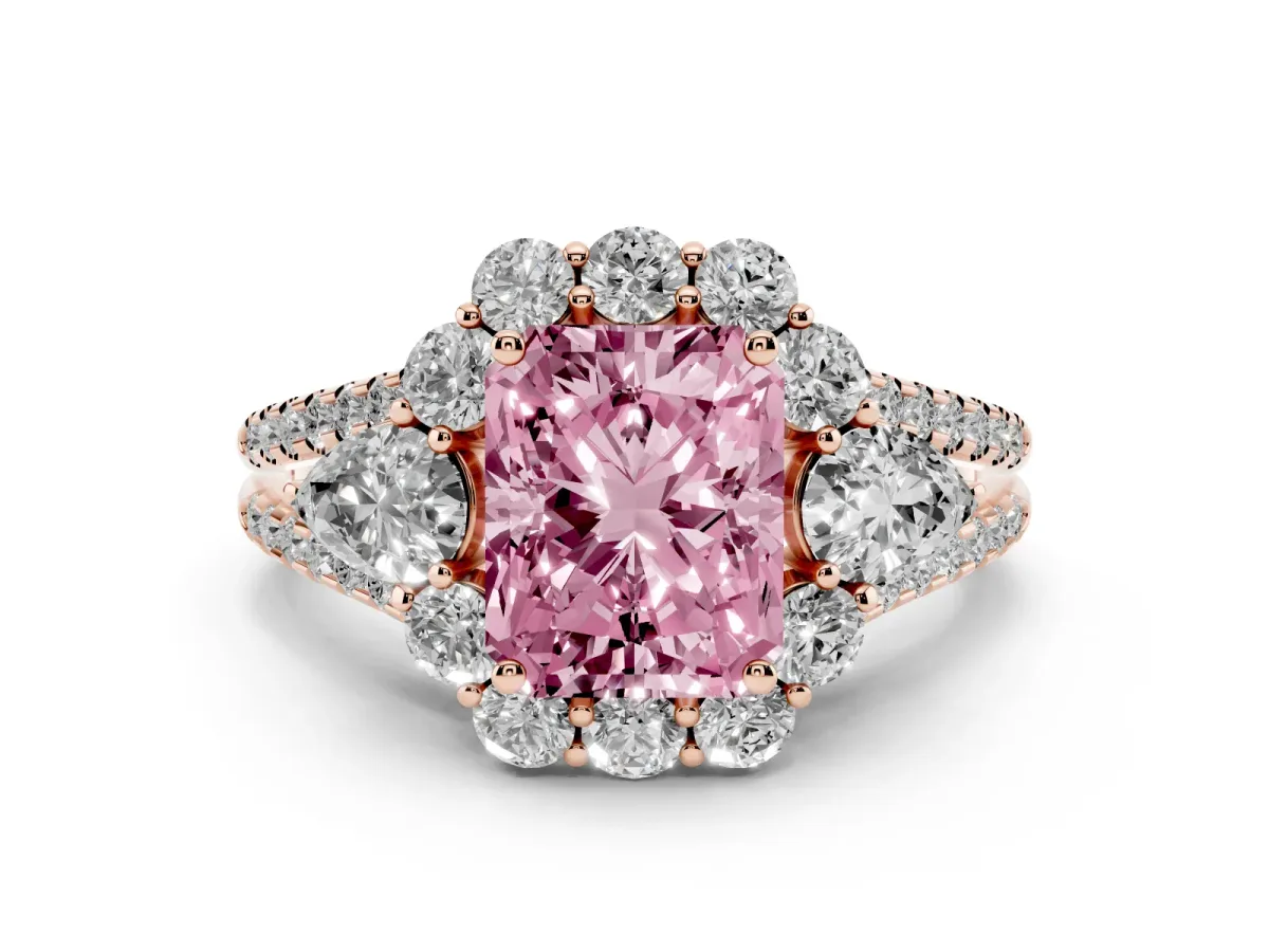 Fancy Pink Radiant Cut Halo Split Shank Diamond Engagement Ring with Prong Setting Rose gold