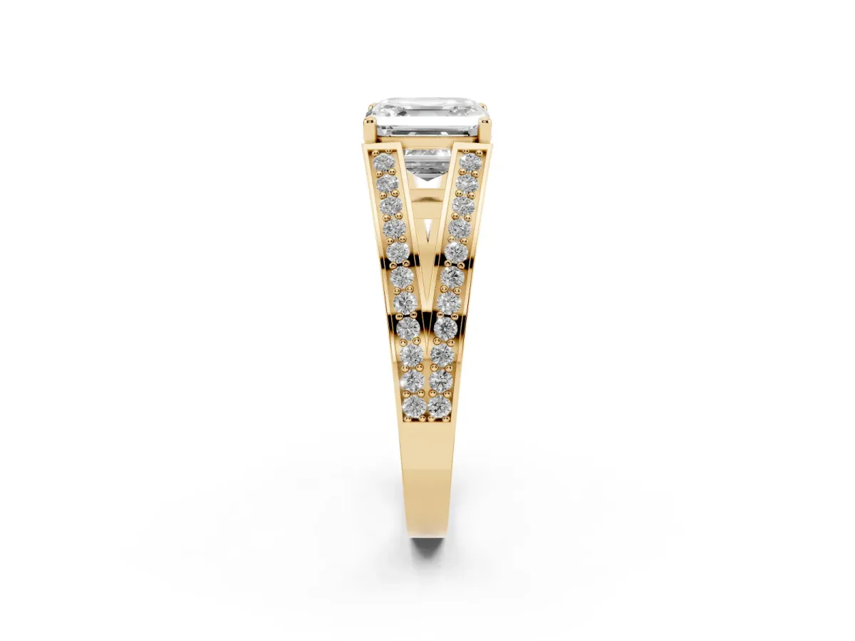 Asscher Cut Diamond Split Shank Ring with Pavé Band and Four-Prong Setting Yellow gold