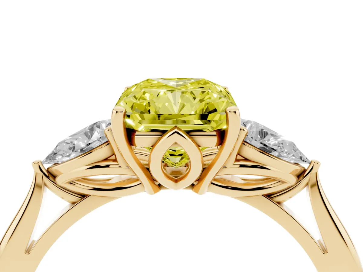 Fancy Yellow Three-Stone Radiant Cut Brilliant Diamond Solitaire Ring with Tapered Band and Four-Prong Setting Yellow gold