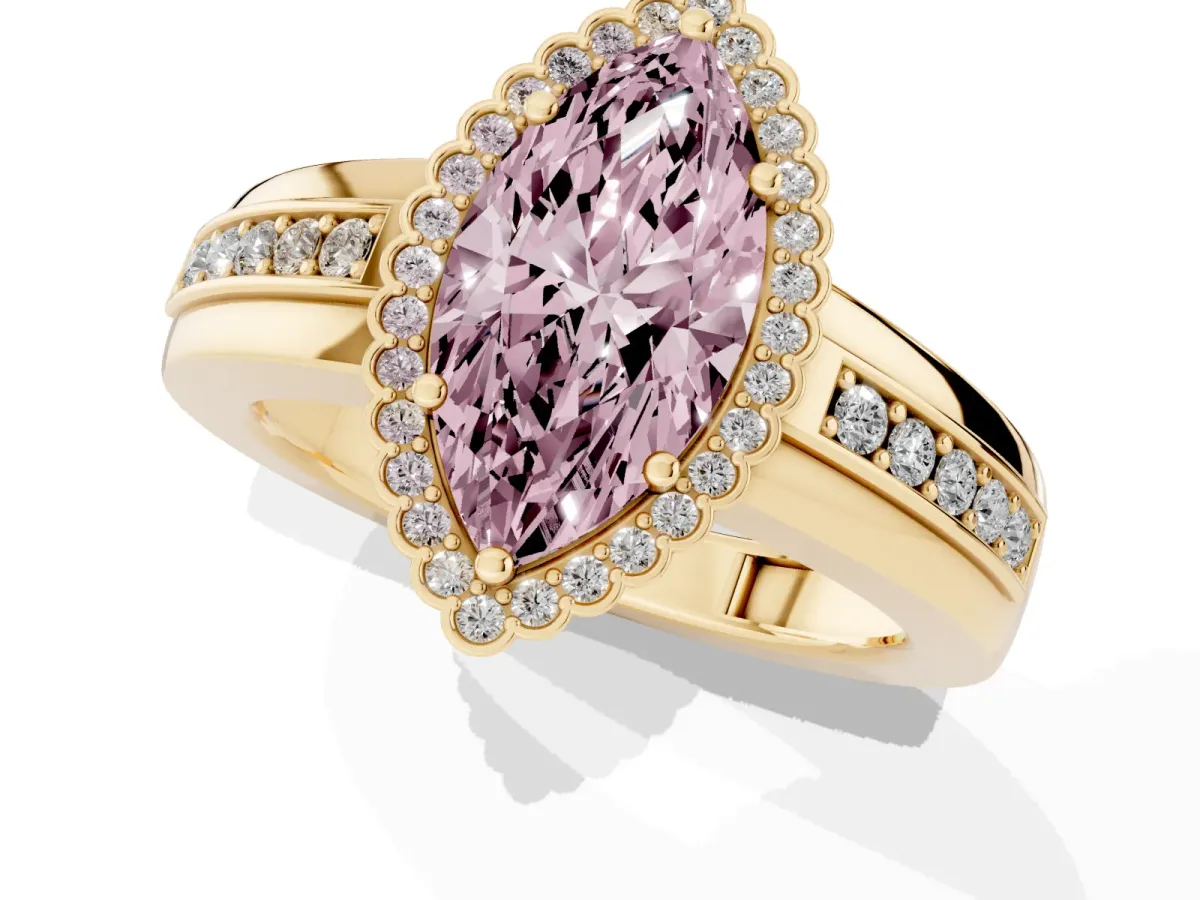 Fancy Pink Marquise Cut Cut Halo Pave Band Four-Prong Ring Yellow gold
