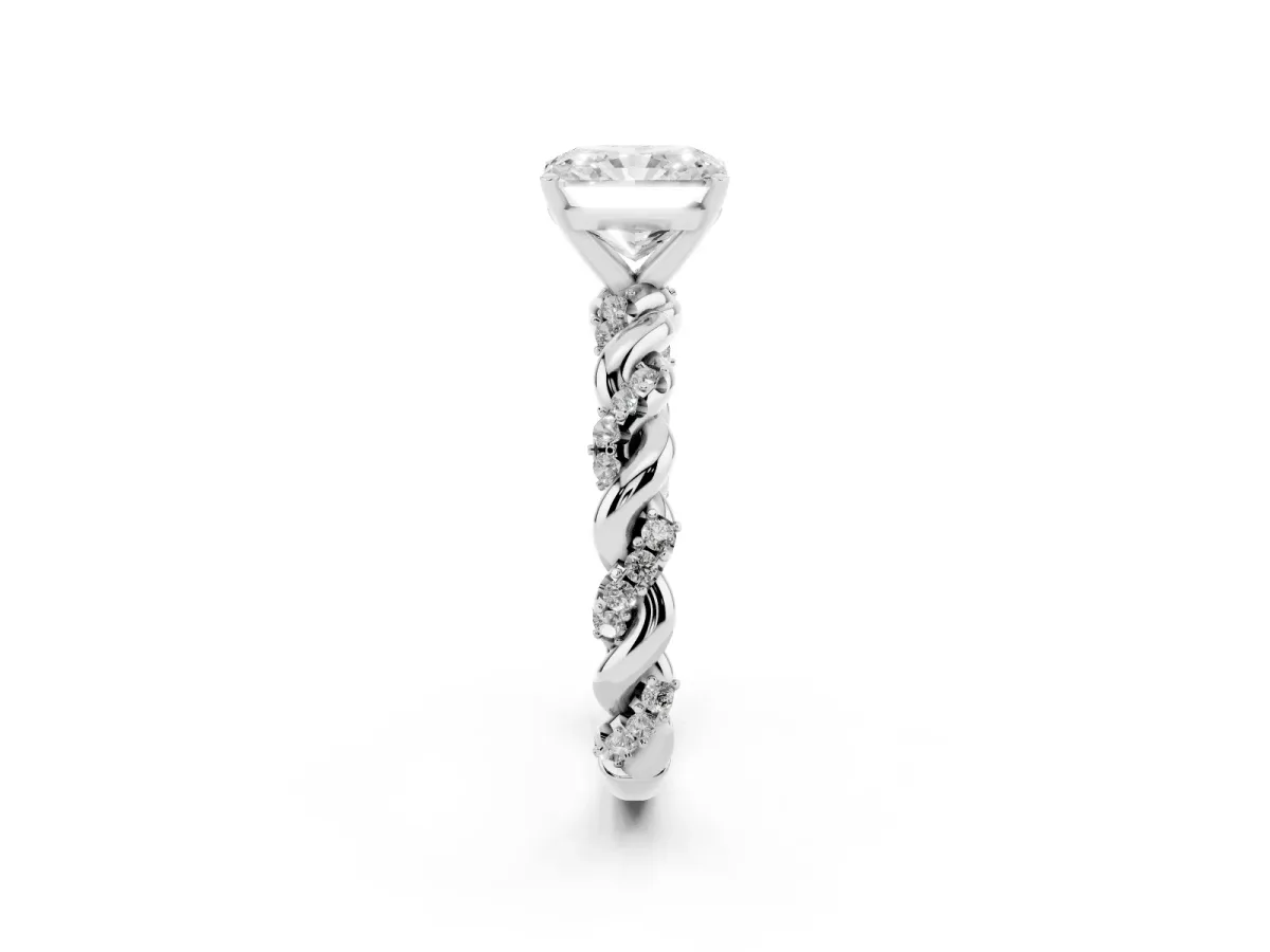Radiant Cut Diamond Solitaire Ring with Twisted Band and Pavé Accents White gold