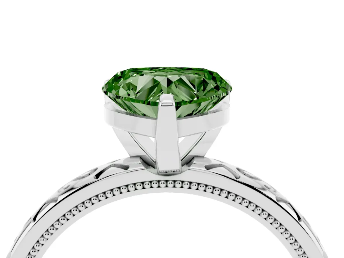 Fancy Green Heart Cut Solitaire Engagement Ring with Scrollwork Band and Four-Prong Setting Silver