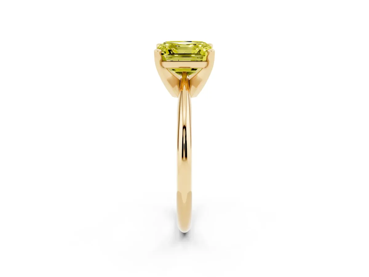 Fancy Yellow Asscher Cut Cut Solitaire Ring with Four-Prong Setting on a Classic Band Yellow gold