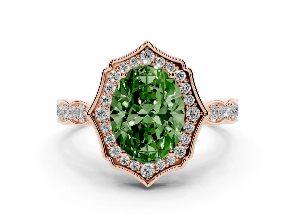 Fancy Green Oval Cut Halo Diamond Engagement Ring with Milgrain Band and Four-Prong Setting Rose gold