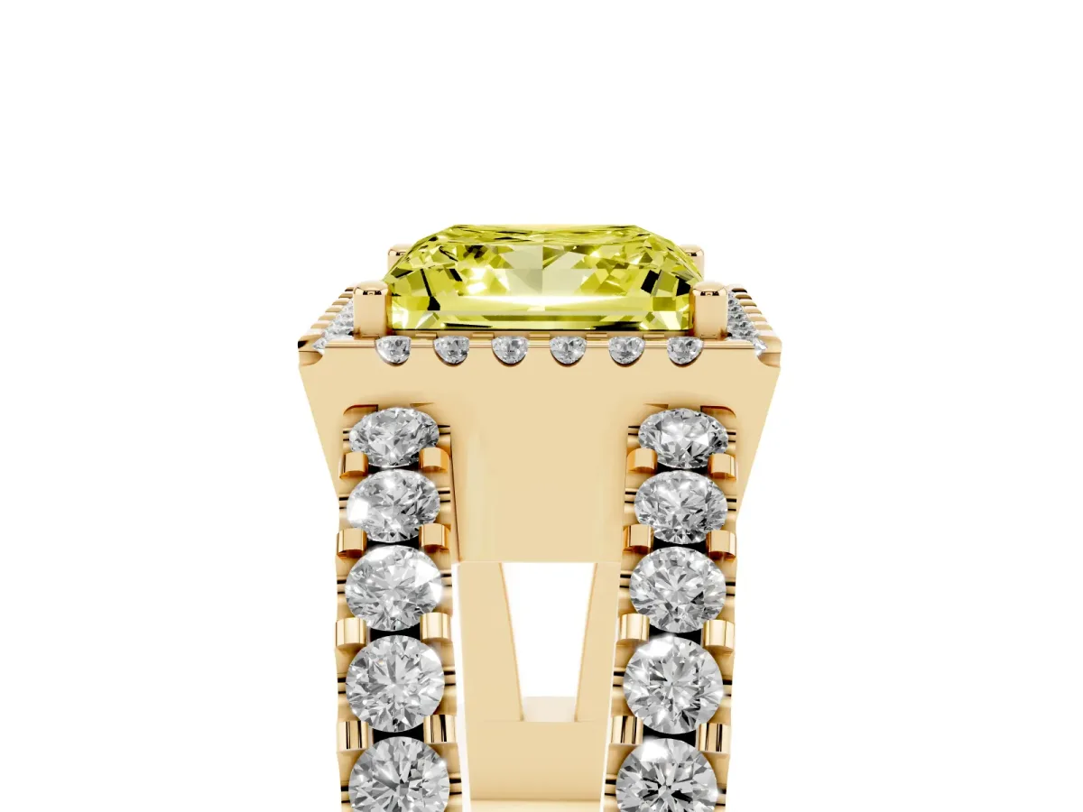 Fancy Yellow Princess Cut Cut Halo Split Shank Diamond Ring with Four-Prong Setting Yellow gold