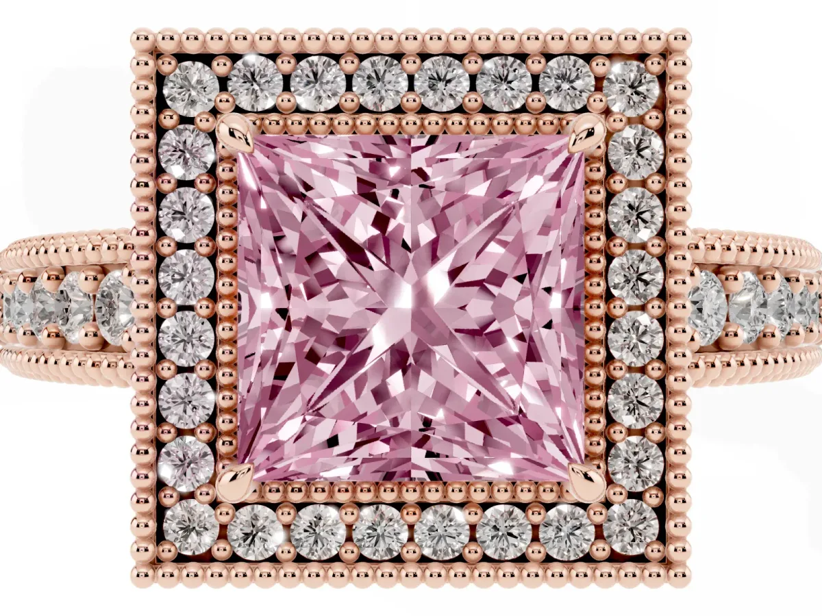 Fancy Pink Princess Cut Cut Halo Diamond Ring with Pavé Band and Four-Prong Setting Rose gold