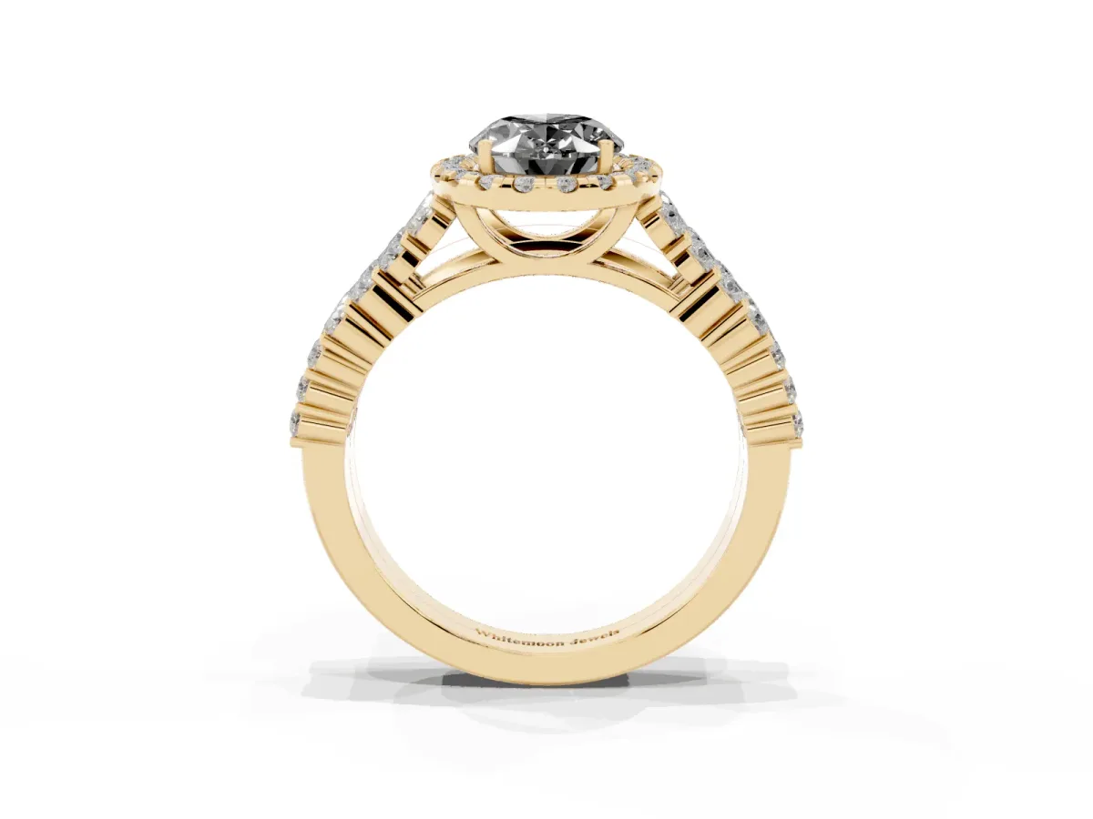 Fancy Black Oval Cut Diamond Halo Engagement Ring with Triple Row Round Pavé Band and Prong Setting Yellow gold