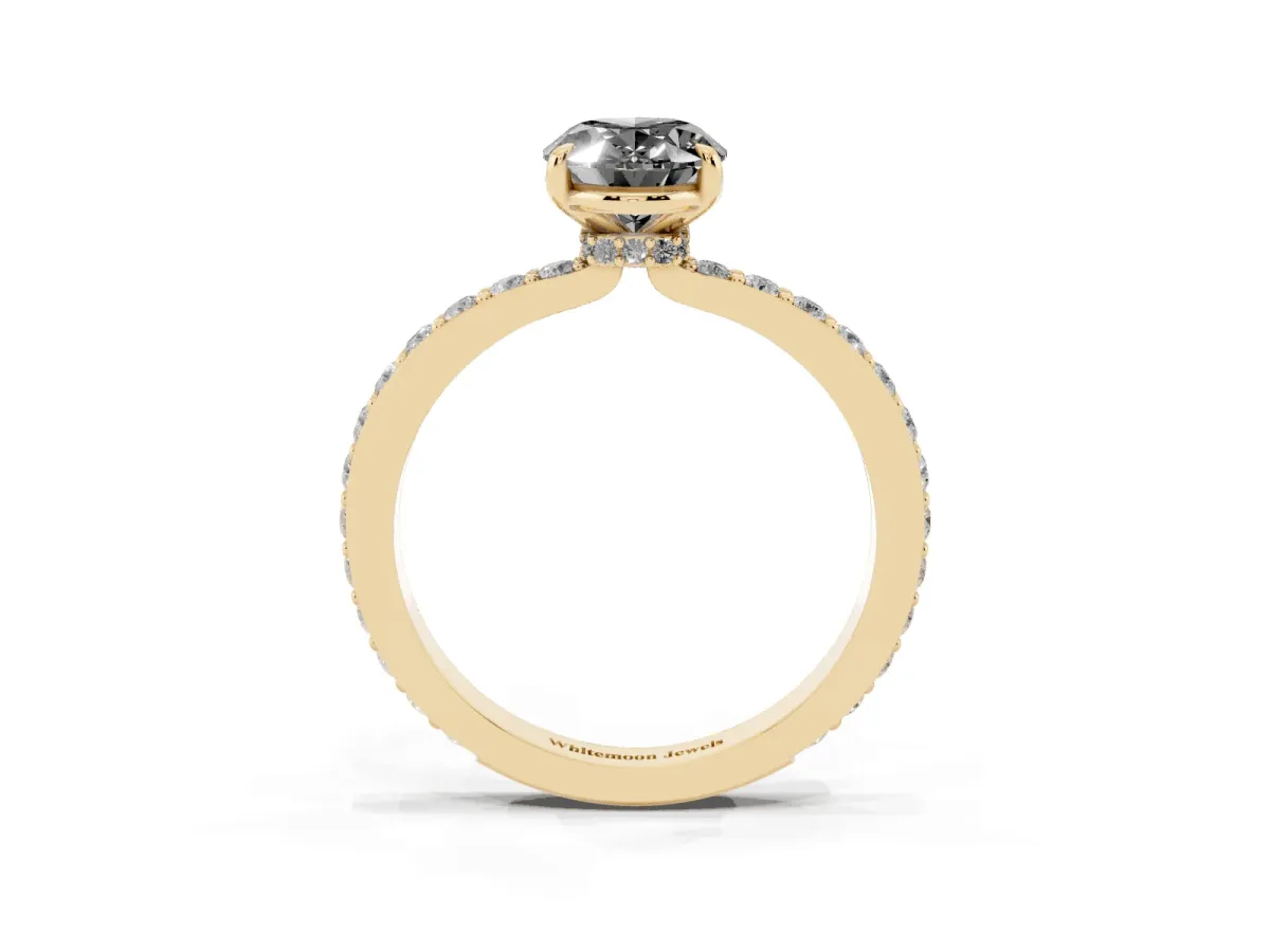 Fancy Black Oval Cut Diamond Pavé Engagement Ring with Round Accents and Prong Setting Yellow gold