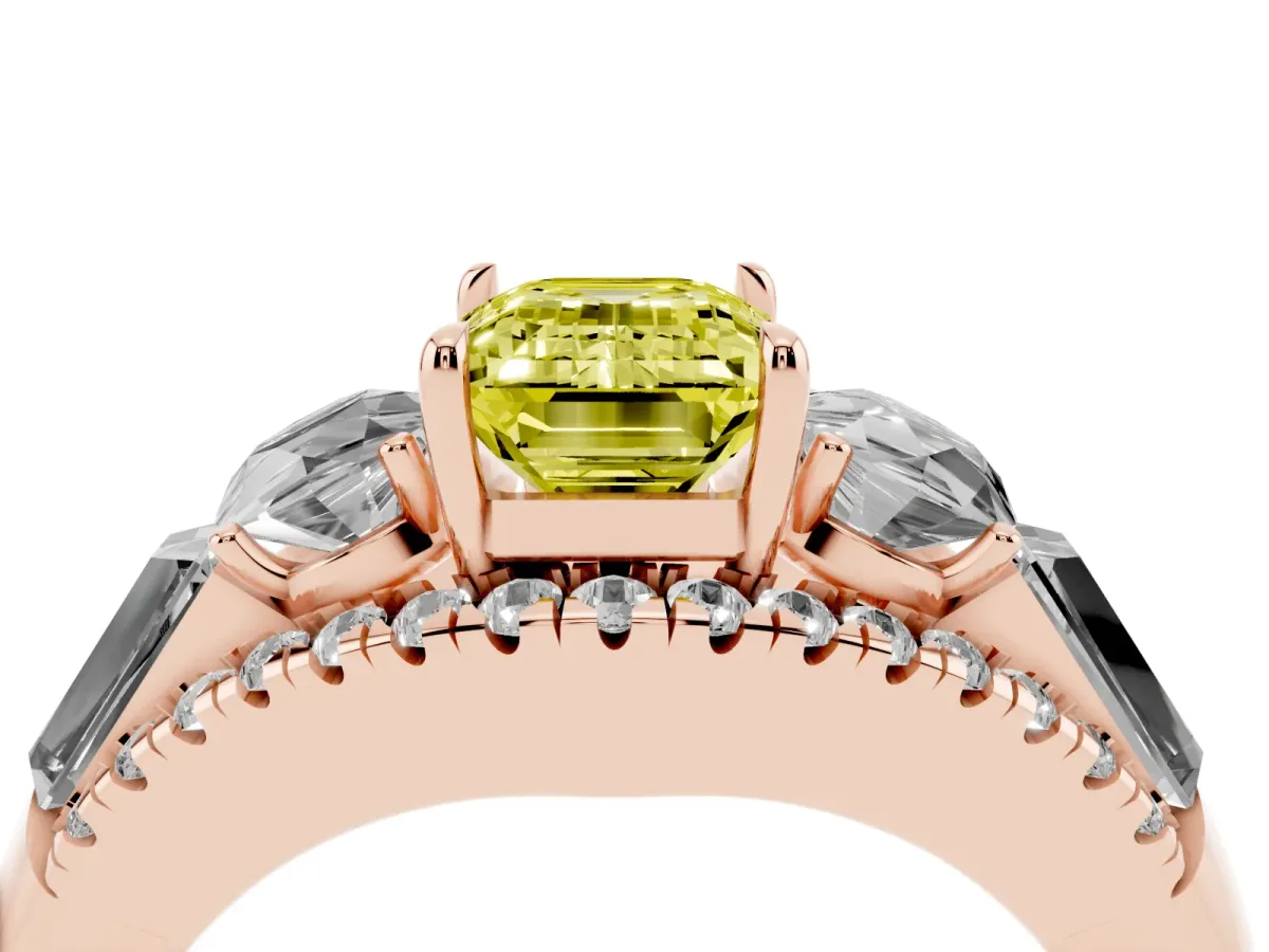 Fancy Yellow Three-Stone Emerald Cut Diamond Engagement Ring with Pave Band and Prong Setting Rose gold