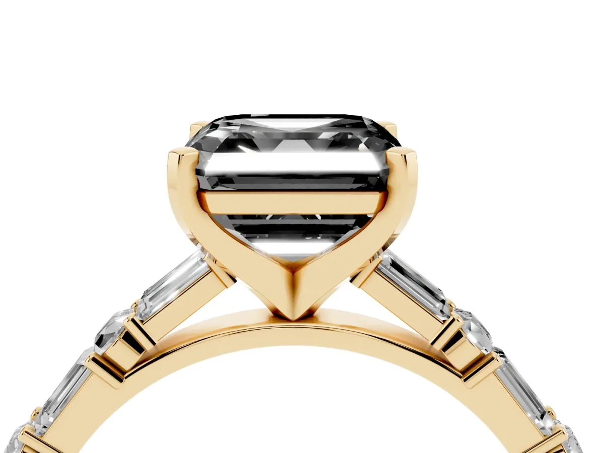 Fancy Black Asscher Cut Diamond Solitaire with Side Baguettes and Channel Set Band Yellow gold