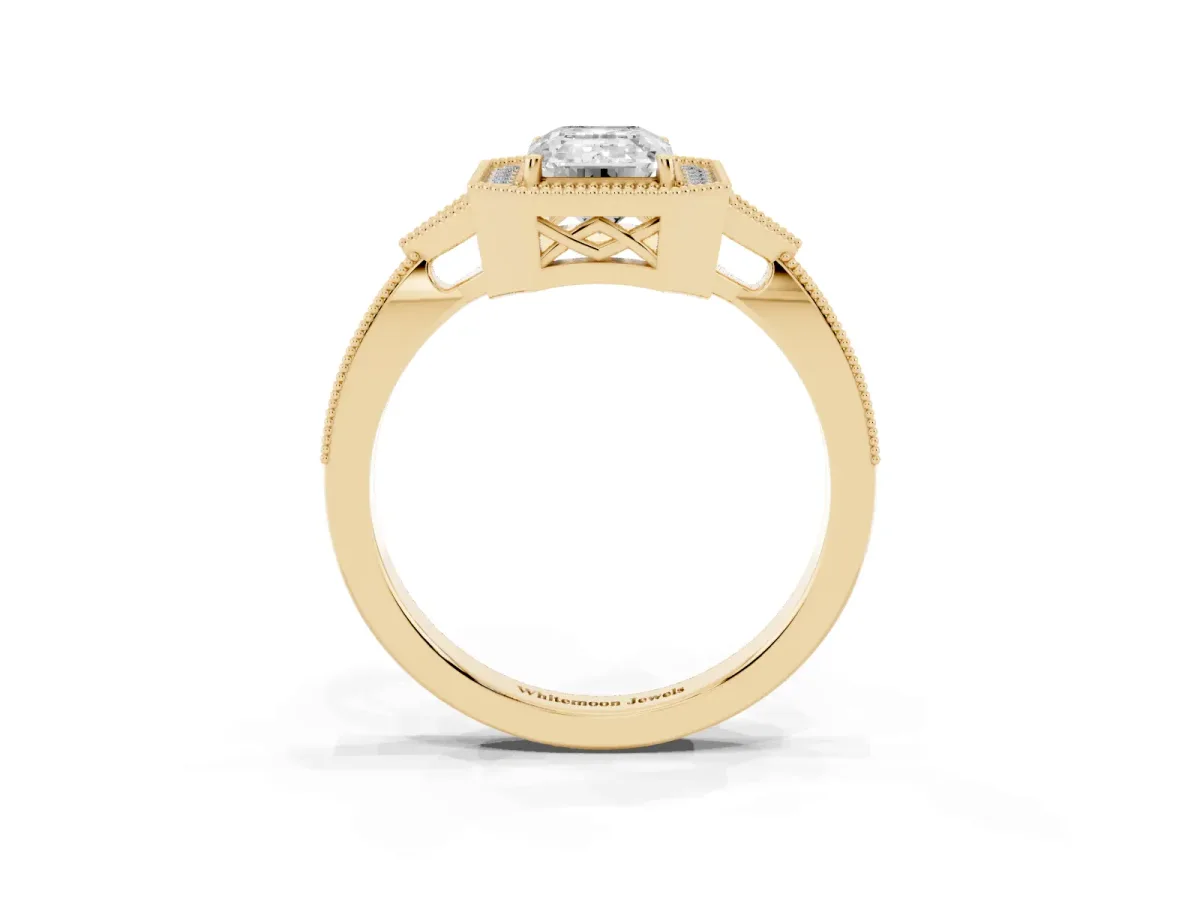 Emerald Cut Halo Round Diamond Milgrain Pave Engagement Ring Yellow gold