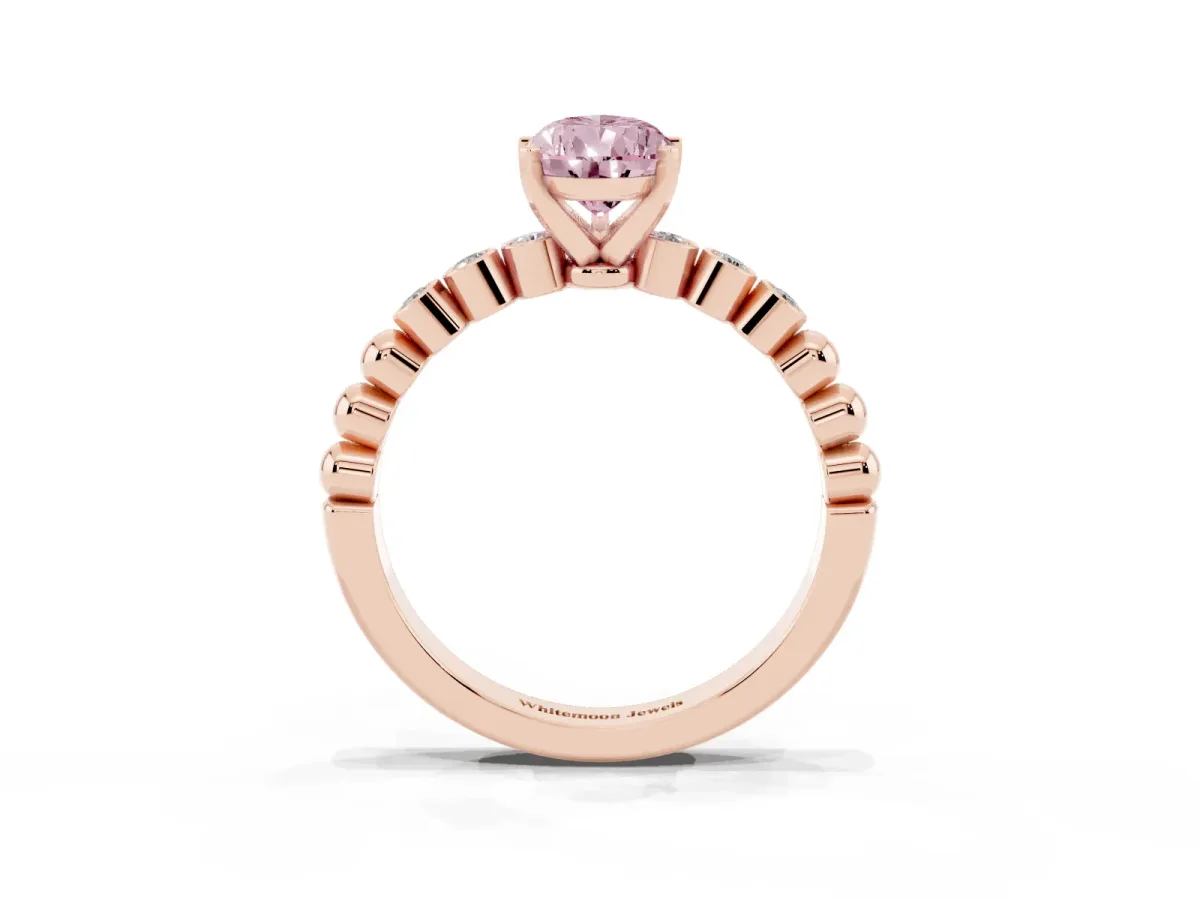 Fancy Pink Pear Cut Solitaire Bezel Accent Diamond Engagement Ring with Beaded Band and Four-Prong Setting Rose gold
