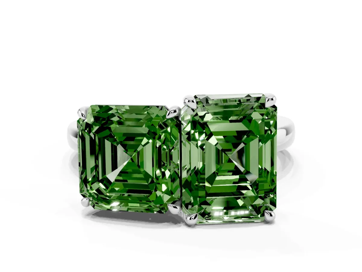 Fancy Green Asscher Cut and Emerald Cut Toi Moi Ring with Prong Setting Platinum