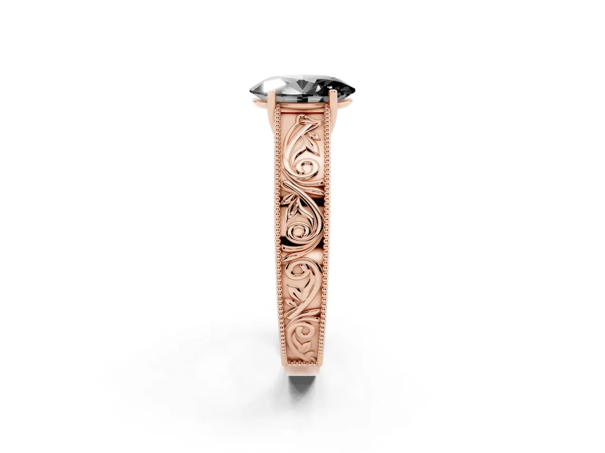 Fancy Black Oval Cut Diamond Solitaire Ring with Engraved Band and Four-Prong Setting Rose gold