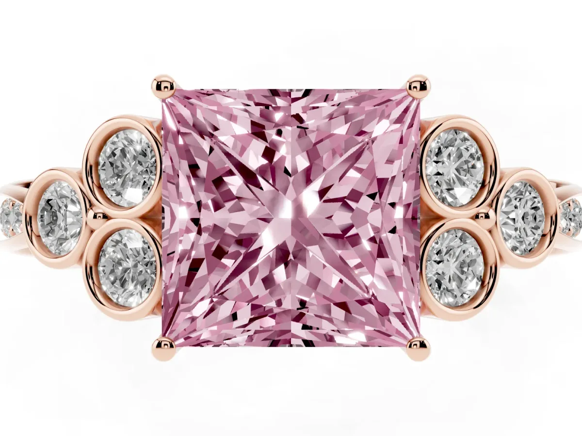 Fancy Pink Princess Cut Cut Diamond Engagement Ring with Bezel Set Round Side Stones and Prong Setting Rose gold