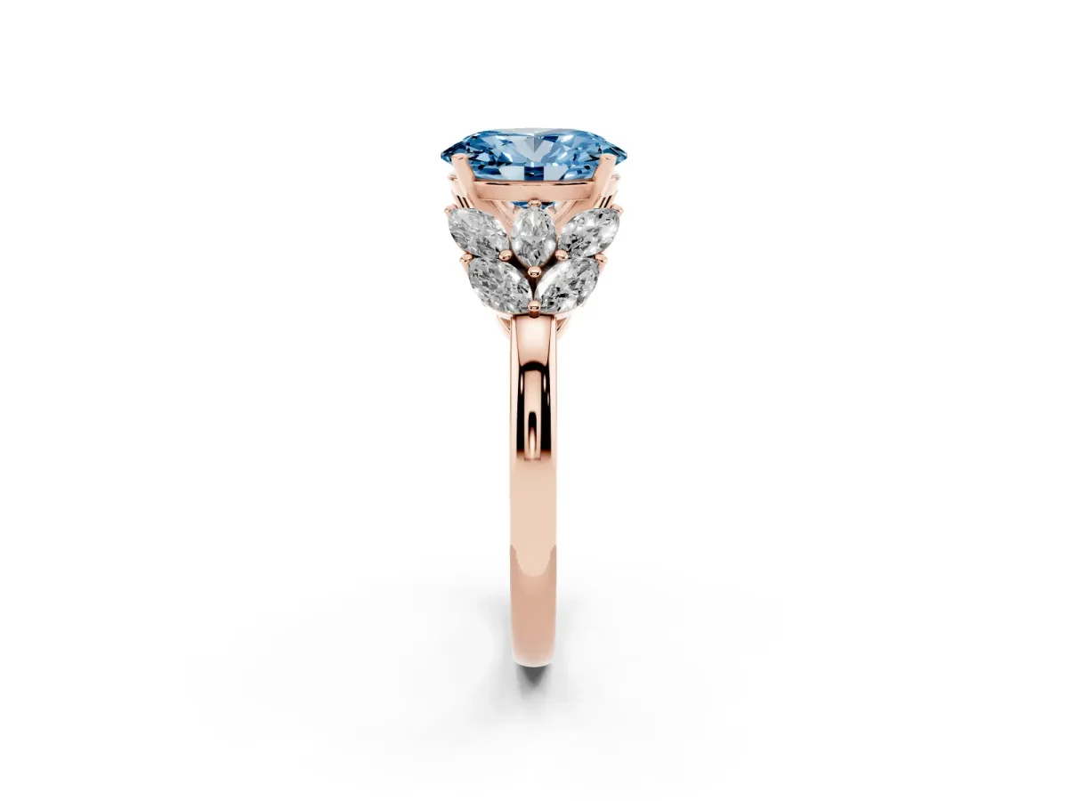 Fancy Blue Oval Cut Diamond Cluster Leaf Design Ring with Prong Setting Rose gold