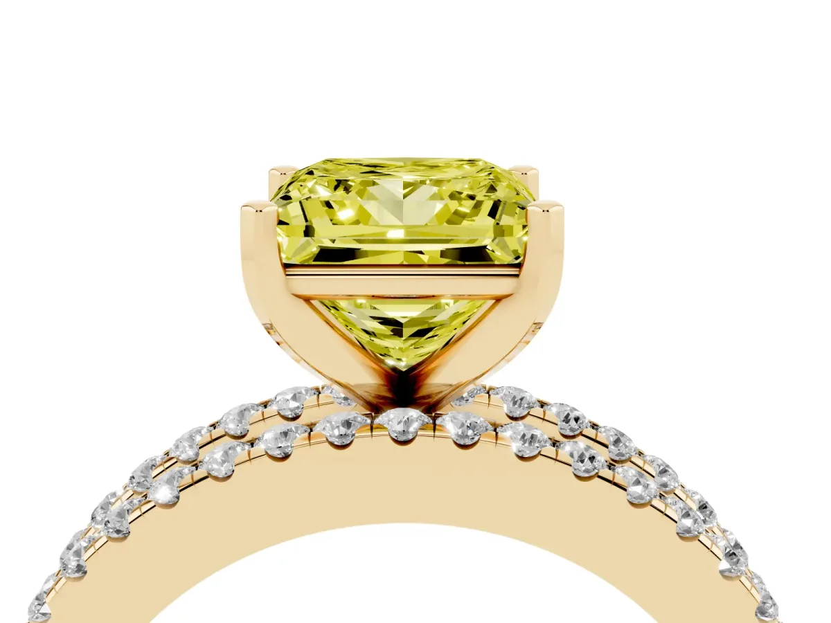 Fancy Yellow Princess Cut Diamond Solitaire Ring with Pavé and Channel Set Band Yellow gold