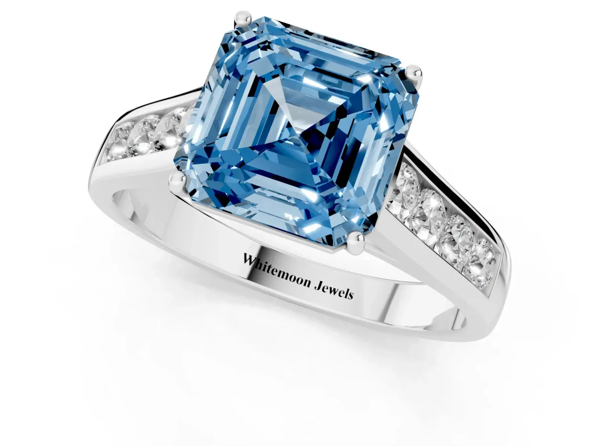 Fancy Blue Asscher Cut Solitaire Channel-Set Diamond Engagement Ring with Four-Prong Setting Platinum